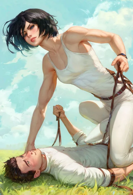 Femdom, girl on top, Mikasa Ackerman pins Eren against the floor in a field of grass with a village in the background , 1girl (mikasa Ackerman, strong, dominant female, on top fit, very dominant, white romper ), 1boy (eren, defeated, bottom, submissive male, loser) score_9, score_8_up, highly detailed, realistic, full body portrait, hetero, fFaceDetail