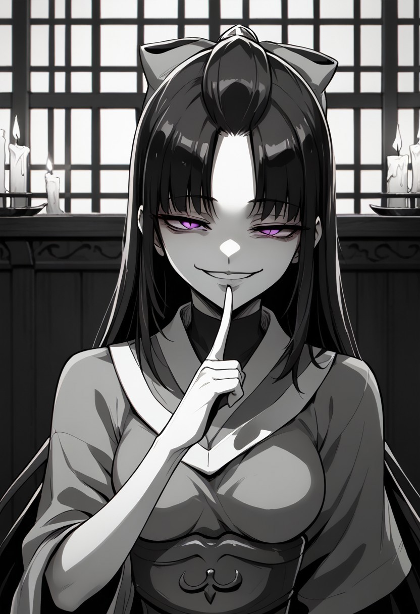 score_9, score_8_up, score_7_up, source_manga, 2d, masterpiece, best quality, (monochrome, greyscale, manga artstyle), SHIKOKU_(MATO_SEIHEI_NO_SLAVE),1girl, solo, long hair, breasts, smile, long sleeves, bow, closed mouth, purple eyes, upper body, hair bow, black hair, japanese clothes, kimono, snake, candle, (gesugao, parted lips, half closed eyes, smug, evil smile), indoors,, pointing finger in cheek, front view, looking at viewer,