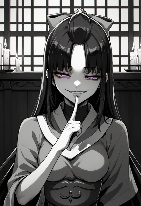 score_9, score_8_up, score_7_up, source_manga, 2d, masterpiece, best quality, (monochrome, greyscale, manga artstyle), SHIKOKU_(MATO_SEIHEI_NO_SLAVE),1girl, solo, long hair, breasts, smile, long sleeves, bow, closed mouth, purple eyes, upper body, hair bow, black hair, japanese clothes, kimono, snake, candle, (gesugao, parted lips, half closed eyes, smug, evil smile), indoors,, pointing finger in cheek, front view, looking at viewer,