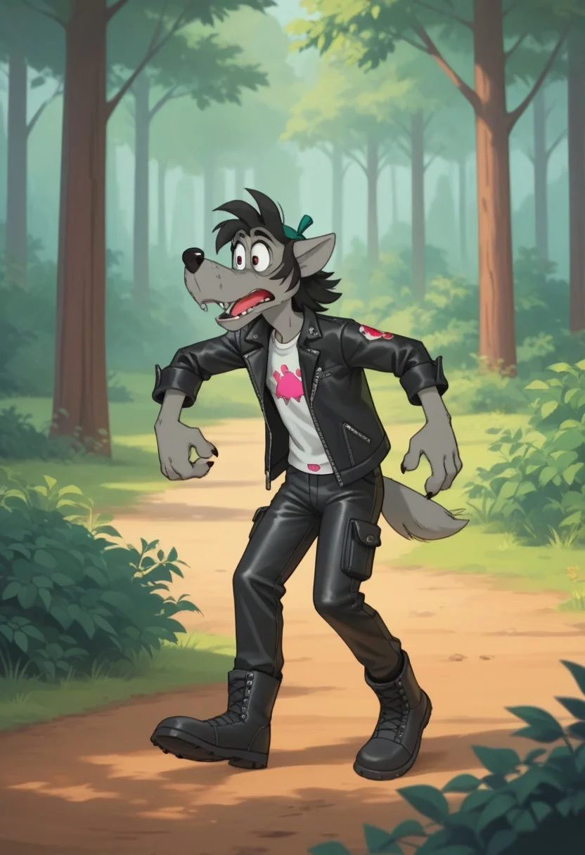 score_8_up, score_9, sneaking through bushes at forest background, four fingers, anthro canine wolf character with gray fur, leather pants, black jacket, black boots, ,