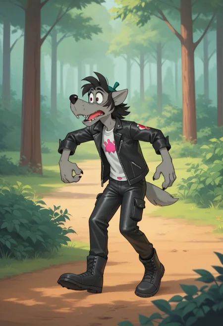 score_8_up, score_9, sneaking through bushes at forest background, four fingers, anthro canine wolf character with gray fur, leather pants, black jacket, black boots, ,