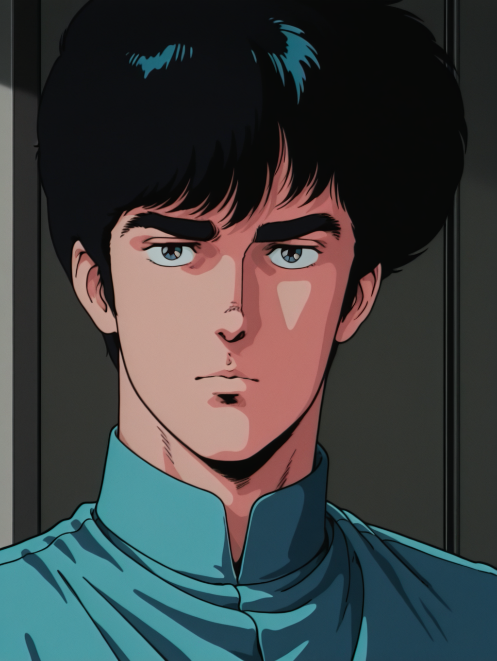 masterpiece, best quality, amazing quality, Yoh Hinomura, thick eyebrows, 1 boy, male focus, solo, 1980s \(style\)