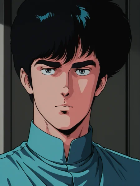 masterpiece, best quality, amazing quality, Yoh Hinomura, thick eyebrows, 1 boy, male focus, solo, 1980s \(style\)