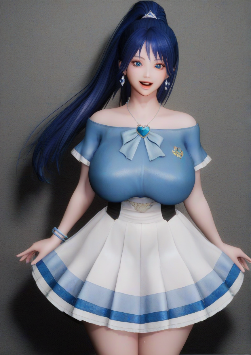 1girl, cure diamond, hishikawa rikka, huge breast, :d, blue eyes, blue hair, bracelet, brooch, collarbone, earrings, floating hair, heart, heart brooch, jewelry, layered skirt, long hair, looking at viewer, miniskirt, open mouth, parted bangs, ponytail, short sleeves, skirt, smile, solo, very long hair, white skirt, 3d, zPDXL3 <lora:skyrimreal:1>