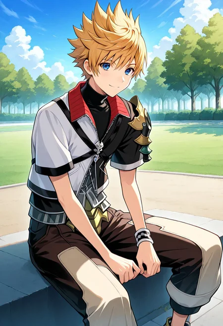 score_9, score_8_up, score_7_up, source_anime, prefect lighting, very aesthetic, intricate details, highly detailed background, masterpiece, high quality, prefect hands, best quality, ventus, 1boy, male focus, solo, blue eyes, blonde hair, spiked hair, shirt, black shirt, turtleneck, jacket, multicolored jacket, multicolored clothes, black jacket, white jacket, lapels, red lapels, zipper, zipper pull tab, short sleeves, shoulder armor, wristband, multicolored pants, black pants, brown pants, capri pants, shoes, sitting, gentle smile, looking at viewer, outdoors, park, blue sky, clouds, cowboy shot, dutch angle