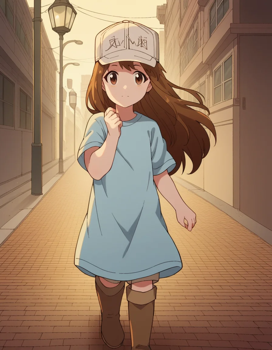 score_9, score_8_up, score_7_up, source_anime, <lora:platelet-s1-ponyxl-lora-nochekaiser:1>, platelet, long hair, brown hair, brown eyes,, shirt, hat, short sleeves, boots, white headwear, blue shirt, flat cap,, city street, evening, streetlights, walking dog, quiet neighborhood, gentle breeze, , looking at viewer, hand palm facing up, solo,, cowboy shot, dutch angle