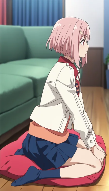 score_9,score_8_up,score_7_up,
<lora:yoshinokoharu:0.8>,yoshinokoharu,
1girl,solo,pink hair,short hair,bangs,red eyes,looking to the side,closed mouth,white jacket,orange tank top,blue pleated skirt,deep blue socks,full body,seiza,sitting on cushion,hands on legs,from side,
indoors,wooden floor,living room,
