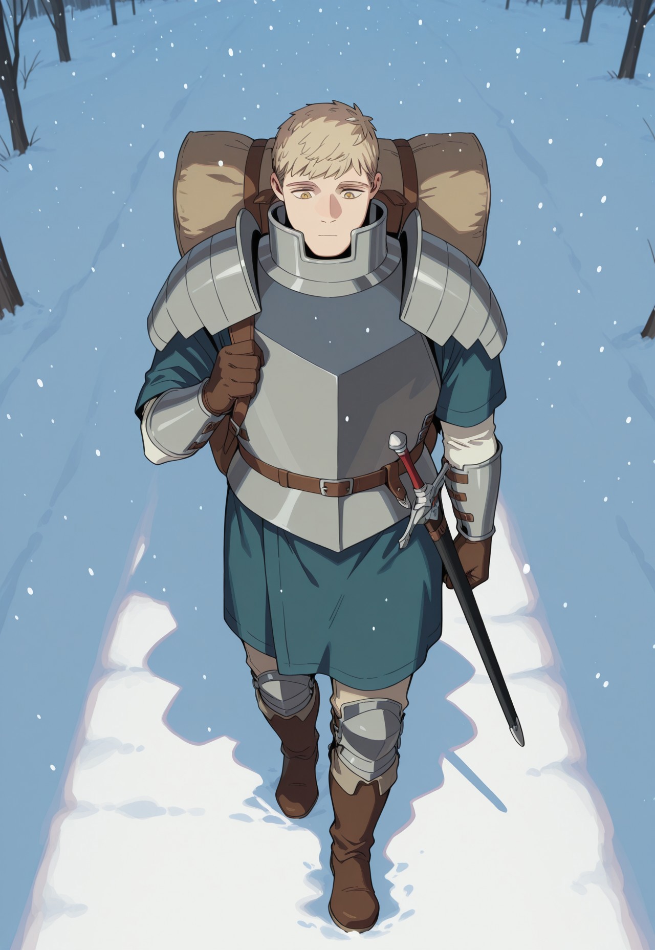 safe_pos, masterpiece, best quality, amazing quality, very aesthetic, absurdres, Dunmeshi_Laios, 
1boy, solo, male focus, blonde hair, short hair, yellow eyes, LaoisWinter, alternate outfit, armor, gorget, pauldrons, cuirass, brown gloves, blue tunic, white shirt, short over long sleeves, arm guards, brown belt, beige pants, knee guards, brown boots, snow, snowing, full body, walking, holding strap, perspective, backpack, sheathed, sheath,