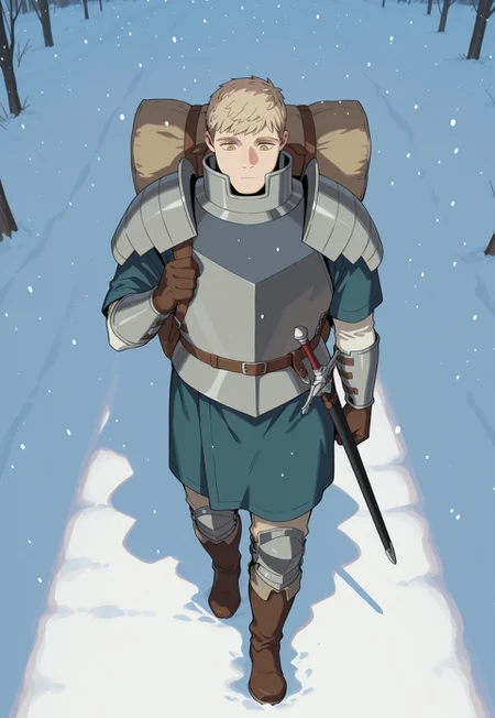 safe_pos, masterpiece, best quality, amazing quality, very aesthetic, absurdres, Dunmeshi_Laios,
1boy, solo, male focus, blonde hair, short hair, yellow eyes, LaoisWinter, alternate outfit, armor, gorget, pauldrons, cuirass, brown gloves, blue tunic, white shirt, short over long sleeves, arm guards, brown belt, beige pants, knee guards, brown boots, snow, snowing, full body, walking, holding strap, perspective, backpack, sheathed, sheath,