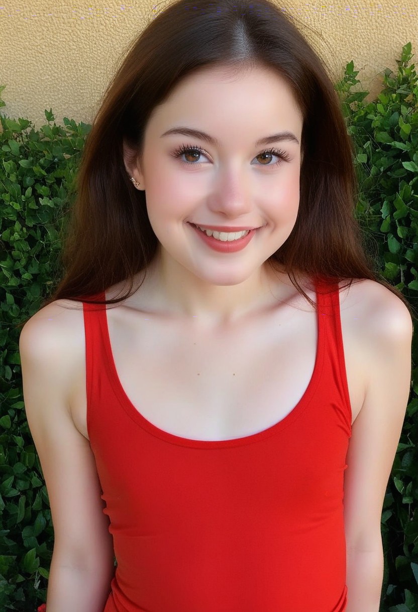 score_9, score_8_up, score_7_up, wide shot, high quality, best quality, photorealistic, sunny, gorgeous shot BREAK 18 year old, 
brunette, cute, big eyes, soft jaw, cute smile, small mouth, plump lips, very plump lips, very small mouth,small nose, neoteny, smiling, european, 
th1ntt0png, red tank top2.1, 
fresh skin, goosebump skin, pale skin, 7-cgifaces, skinny, petite, detailed eyes, skinny, flat chested, very widset eyes, very small mouth, very plump lips,