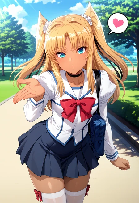 best quality, masterpiece, anime_screencap, hi res, best_quality, very aesthetic, absurdres, 8k, tlwy, 1girl, solo,
hair ribbon, two side up,
glamorous, slender, voluptuous,
dark-skinned female, tan,
small breasts,
smile, blowing_kiss, spoken_heart, choker, red bow, school uniform, skirt, thighhighs, fantasy, beautiful lighting, ray traced, outdoors, day, park