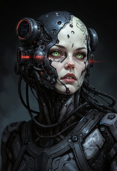 A digital illustration portrait in the style of ck-js, presenting a commanding female figure, the queen and central consciousness of a Borg-inspired collective. Her expression is cold, calculating, and devoid of overt emotion, reflecting a vast networked intelligence. Extensive cybernetic implants dominate one side of her face and skull, featuring dark metallic plating, visible conduits, and integrated micro-circuitry fused seamlessly with pale, remaining organic skin. One eye is replaced by a sophisticated, glowing red or green laser optic scanner, while her remaining eye stares intently with unnerving stillness. Integrated, dark metallic structures form a functional, armor-like torso and shoulders, with tubes running into her neck and spine. Stark, shadowy lighting emphasizes the chilling contrast between flesh and machine. Focus on cold technological dominance, menacing collective intelligence, and the terrifying beauty of assimilation.
