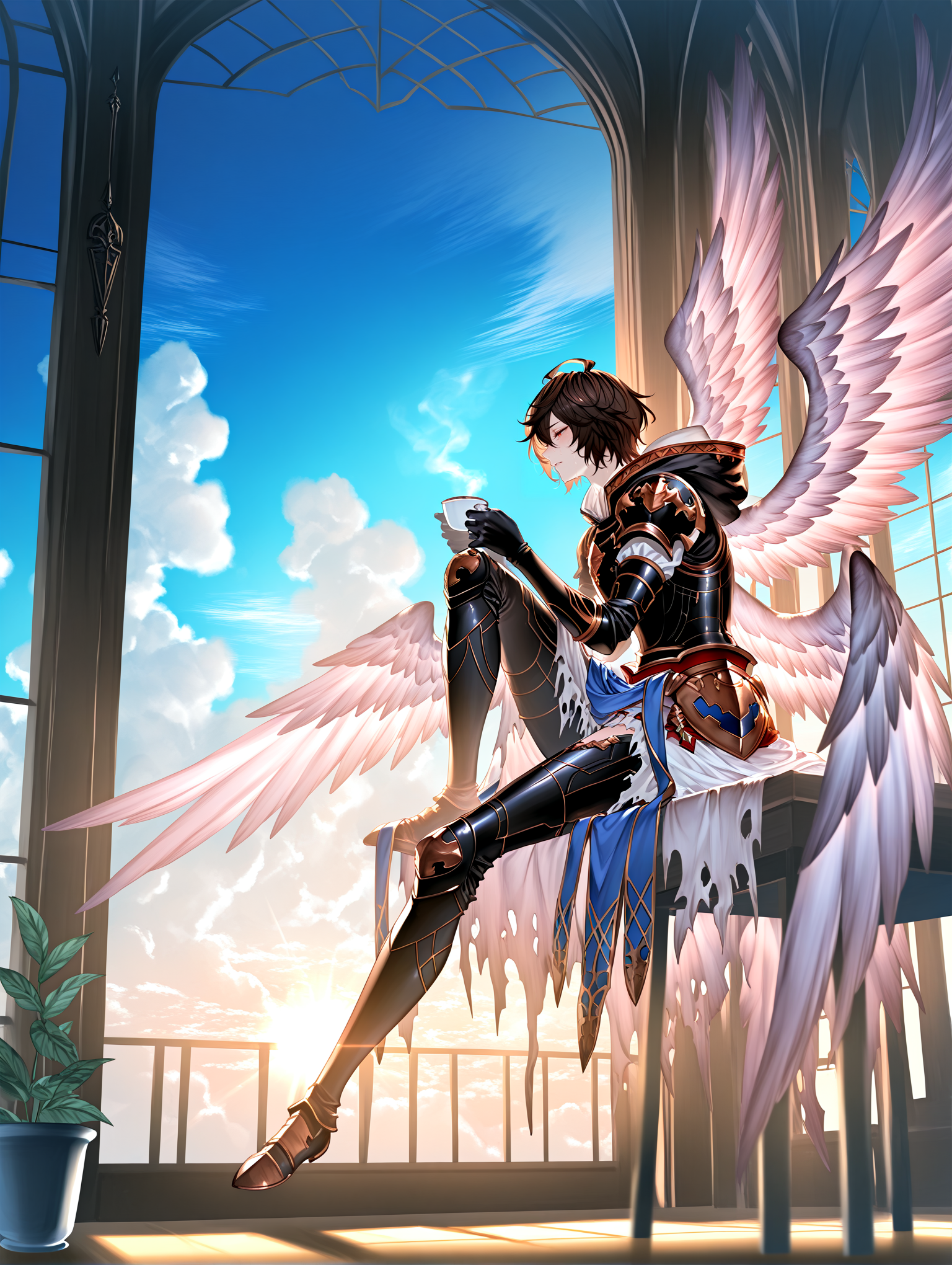 masterpiece, best quality, absurdres, amazing quality <lora:cfg_scale_boost:0.3> <lora:StS-Illustrious-Detail-Slider-v1.0:3> <lora:StS_Age_Slider_Illustrious_v1:3>,detailed_background,indoors,cloudy sky,ahoge,messy hair,scenery,full body,brown hair,preline,hair between eyes,cloud,sunrise,coffee,1boy,wings,holding,sandalphon \(granblue fantasy\),blue sky,teacup,backlighting,multiple wings,hood,knee up,cup,white wings,male focus,granblue fantasy,gloves,sky,flying,short hair,armor,feathered wings,profile,shoulder armor,solo,holding cup