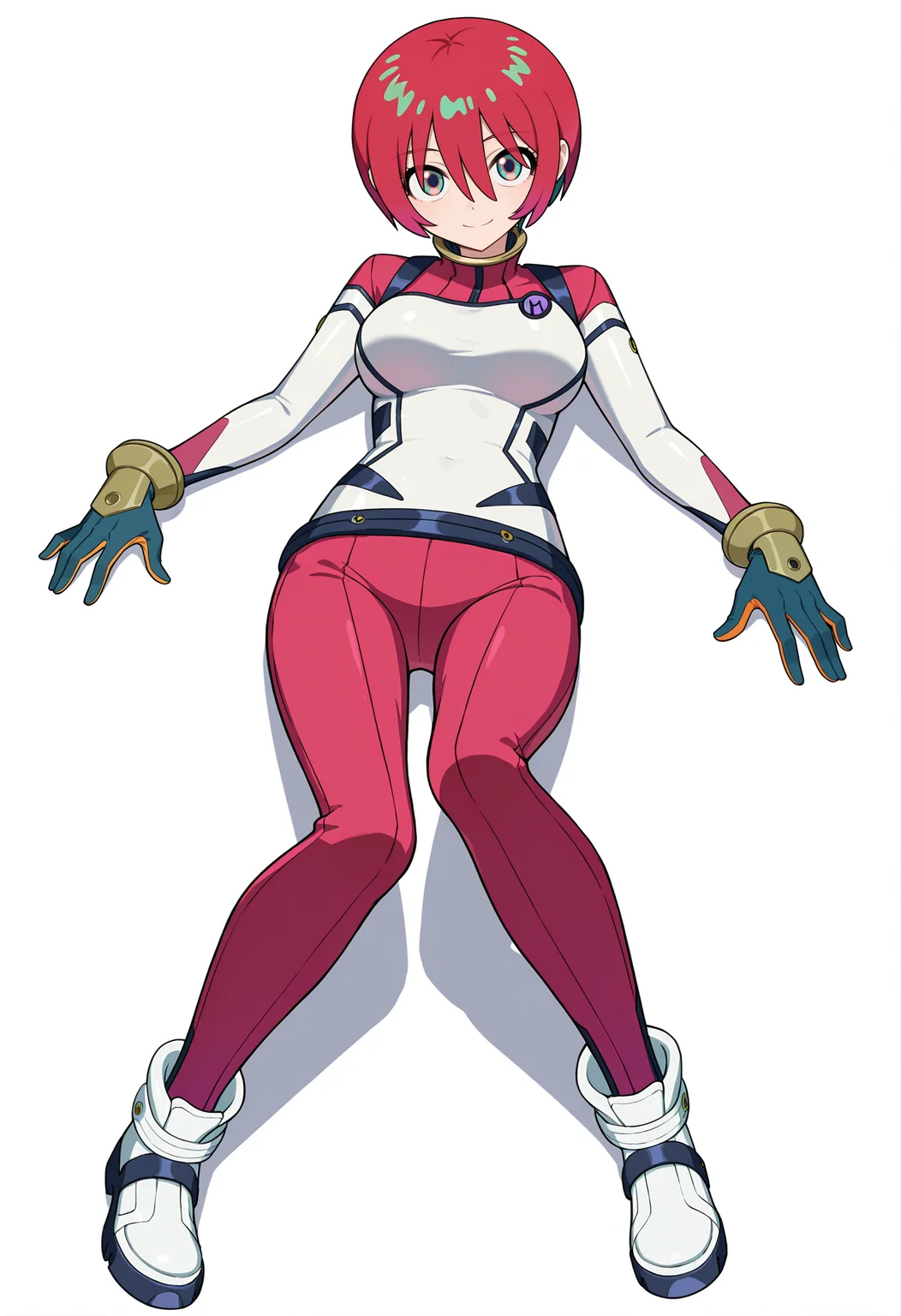 <lora:Amate Yuzuriha_illustrious-000040:1>,
Amate Yuzuriha,combat suit,solo,breasts,looking at viewer,on back,lying,white background,bodysuit,large breasts,gloves,simple background,closed mouth,smile,full body,white footwear,short hair,green hair,white shirt,pink pants,