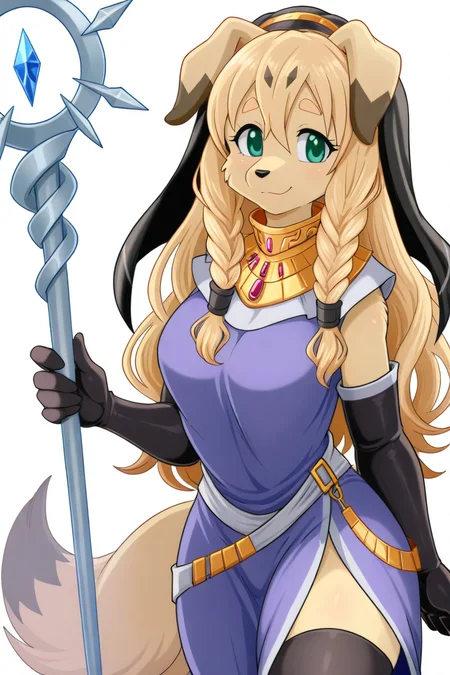 masterpiece, best quality, amazing quality, very aesthetic, high resolution, ultra-detailed, absurdres, newest, lonbluewolf BREAK 1girl, solo, El4ine, anthro, furry female, dog girl, body fur, tan fur, blonde hair, long hair, twin braids, floppy ears, yellow thick eyebrows, black nose, snout, green eyes, tail, purple robe, gold collar jewel, white high collar, black veil, black elbow gloves, black thighhighs, standing, looking at viewer, smile, happy, holding staff, silver staff, simple background, white background