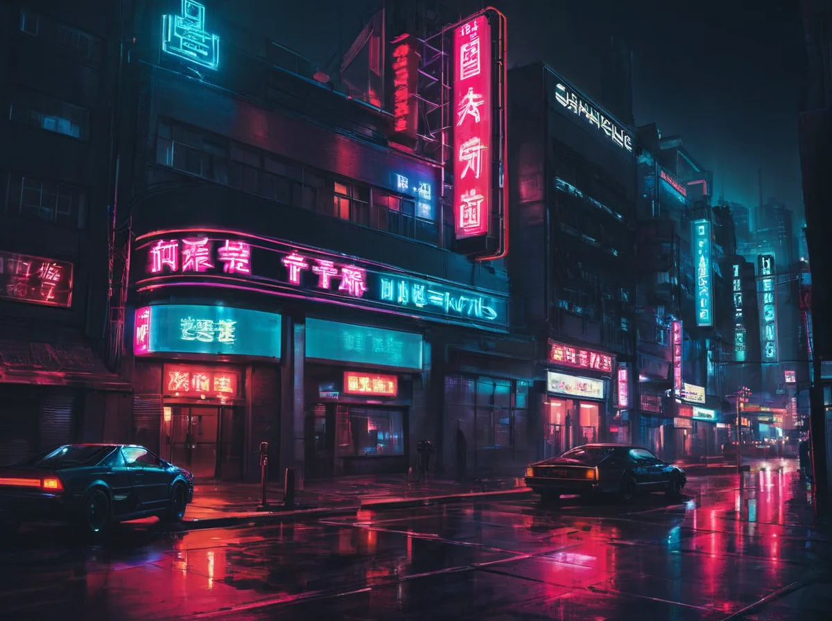 masterpiece, best quality,
<lora:gits_style:0.6>,
gits95,
, no humans, scenery, night, building, sign, reflection, outdoors, city, sky, road
retro artstyle,cyberpunk ,neon,natural light,detail shadow
