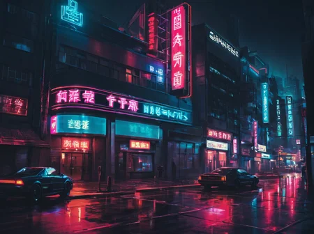 masterpiece, best quality,
 <lora:gits_style:0.6>,
gits95,
, no humans, scenery, night, building, sign, reflection, outdoors, city, sky, road
 retro artstyle,cyberpunk ,neon,natural light,detail shadow