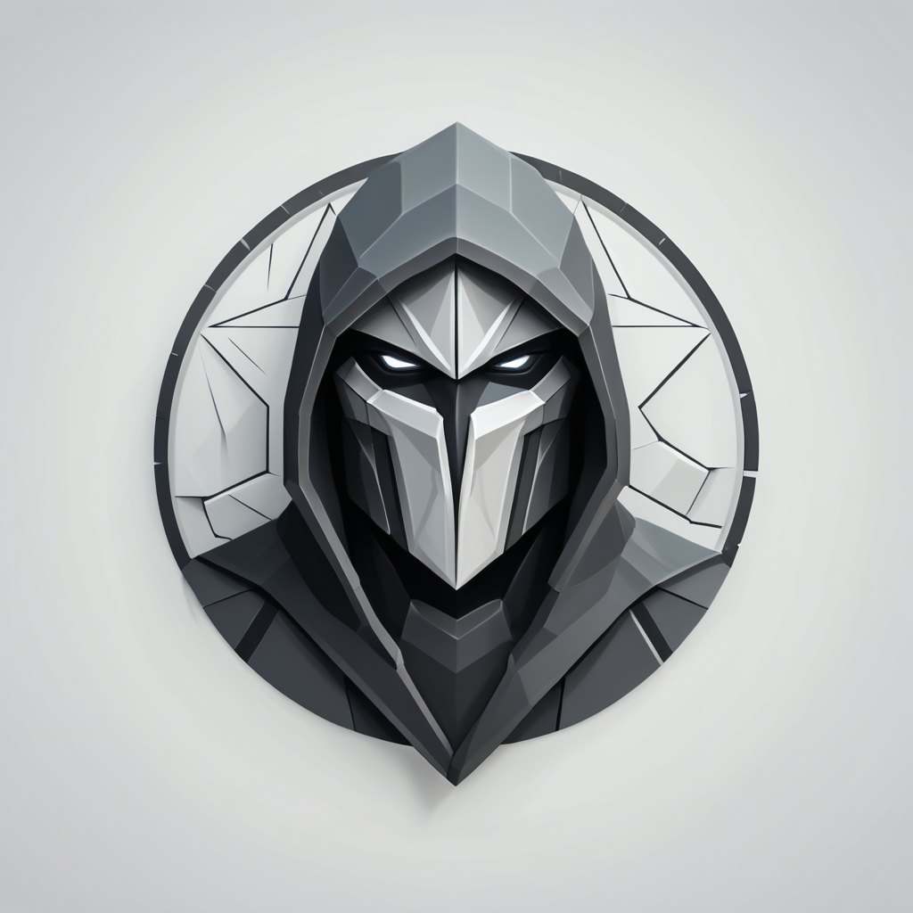 low poly, logotype containing grey and black colors, circle, stone guardian wearing hood
