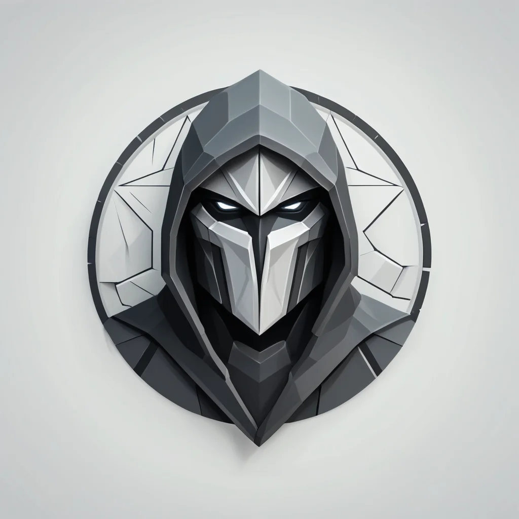 low poly, logotype containing grey and black colors, circle, stone guardian wearing hood