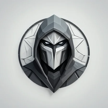 low poly, logotype containing grey and black colors, circle, stone guardian wearing hood
