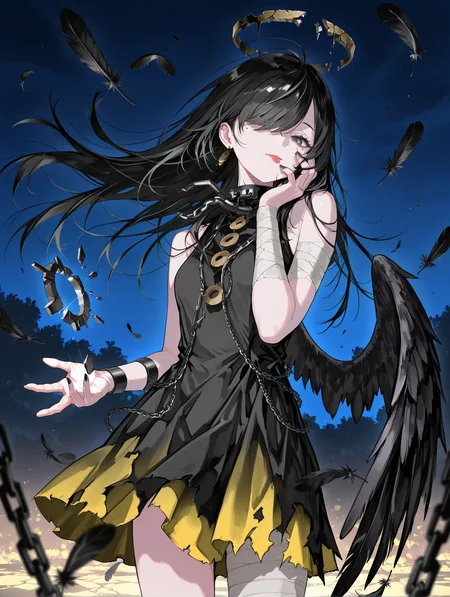 tcs,1girl,solo,black hair,long hair,hair over one eye,mole under eye,halo,earrings,expressionless,tongue out,broken halo,gradient dress,black dress,yellow dress,sleeveless,bandages,single wing,black nails,hand on own face,cowboy shot,floating hair,floating object,feathers,chain,broken chain,outdoors,night,masterpiece,best quality,amazing quality,<lora:tcs_style_v2_ilxl_lokr:1>,
