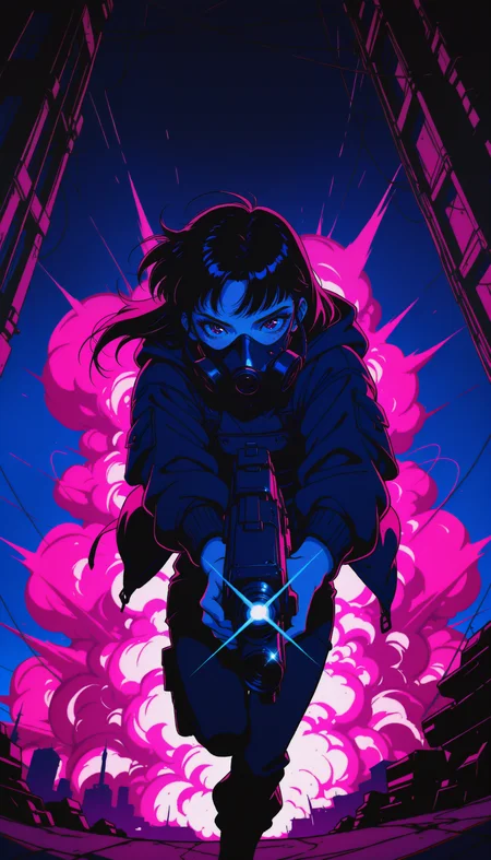 ((absurdres, high_quality, masterpiece)), (dynamic_angle, foreshortening, depth_of_field), blurry_background, (anime_coloring, flat_colors, cel-shaded), (glint, lens_flare), chromatic_aberration, scanlines, (grainy_texture:1.4), (film_grain:1.3), (retro_artstyle, 1990s_\(style\)), vhs_artifacting, halftone, limited_palette, neon_lighting)
(D4rkR3troSc1f1, egirlpfp, 1girl, battlefield, cyberpunk, black_hair, hooded_jacket, hood, long_hair, bangs, gas_mask, tactical_clothes, futuristic_weapon, weapon, holding_weapon, neon_lighting, explosion, sparks, debris, glowing_eyes, purple_lighting, blue_lighting, dark_theme, intense_gaze, detailed_eyes, freckles, cinematic_lighting, dynamic_angle, from_below, shadow, night, dystopian, wind_lift, atmospheric_perspective, blurry_background, retro_artstyle, 1990s_(style), sci-fi, high_contrast, mysterious, serious, atmospheric)