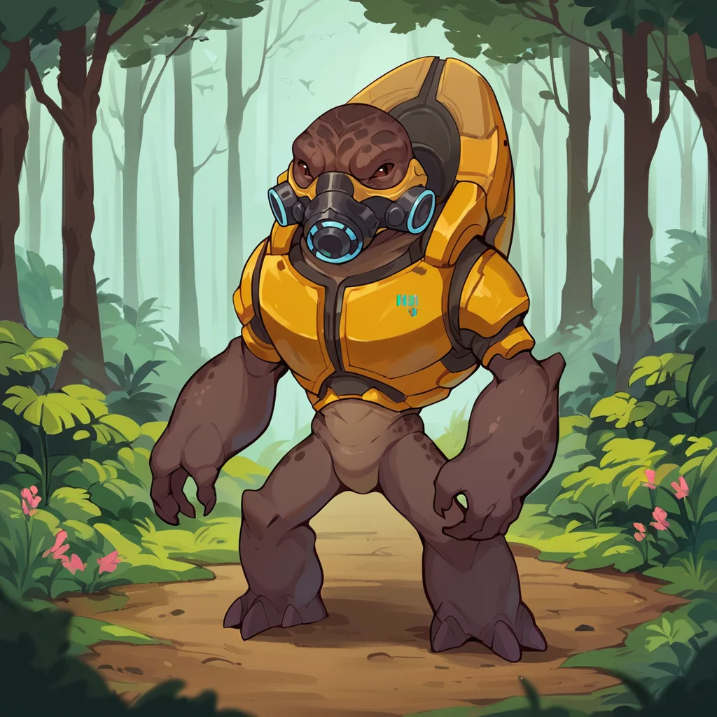 score_9, score_8_up, score_7_up, score_6_up, score_5_up, score_4_up, halogrunt, 1boy, lizard, alien, forest, yellow armor, backpack, full body, gas mask, realistic <lora:HaloGruntPonyV2-03:1>