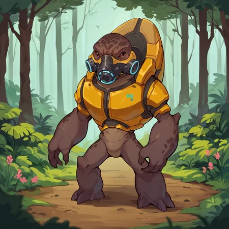 score_9, score_8_up, score_7_up, score_6_up, score_5_up, score_4_up, halogrunt, 1boy, lizard, alien, forest, yellow armor, backpack, full body, gas mask, realistic <lora:HaloGruntPonyV2-03:1>