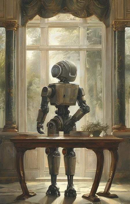masterpiece,best quality,<lora:tbh195-sdxl:0.9>,illustration,style of Titian, portrait of Housework robots