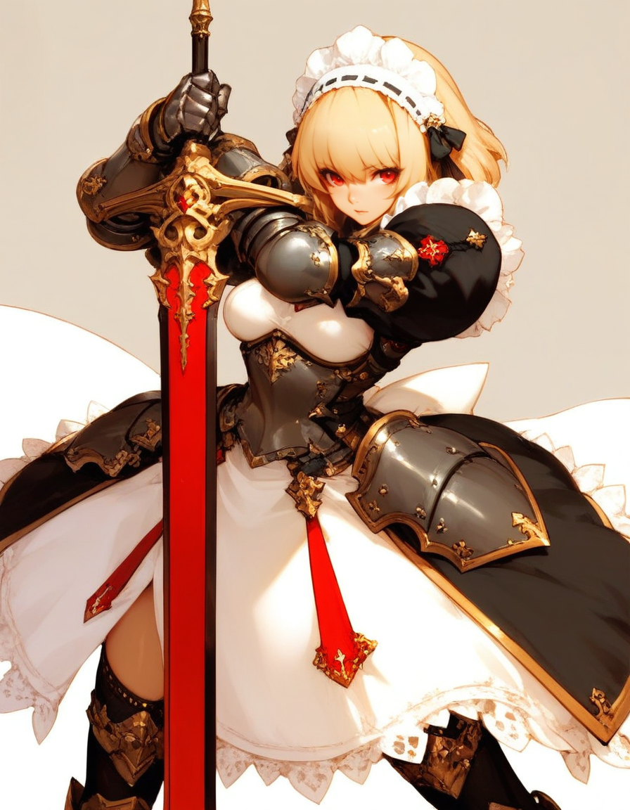 Masterpiece,best quality,sophisticated,hualidefengge,
1girl,weapon,sword,red eyes,solo,armor,blonde hair,holding sword,gauntlets,holding weapon,holding,maid headdress,thighhighs,maid,dress,
<lora: ton ton Illustrious-XL:0.8>,