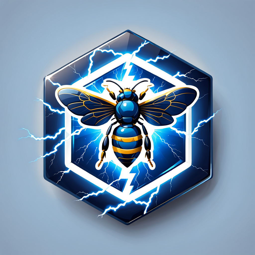 a hexagonal badge of an blue bee, lightning bolt, white logo,vector,  <lora:badgemkrsdxl:0.9>, best quality,