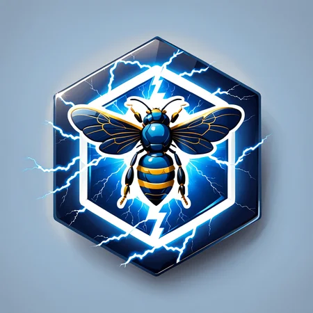 a hexagonal badge of an blue bee, lightning bolt, white logo,vector, <lora:badgemkrsdxl:0.9>, best quality,
