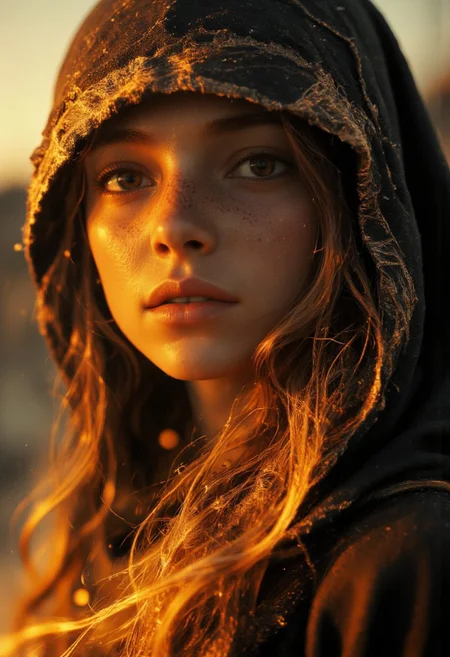 cinematic Closeup movie still-shot,  Create an action scene featuring a halfling wizard Female and Long hair in a broad outworn hooded cape shading her eyes, standing in the midst of an DARK desert forest. She is executing a powerful spell with her Long orb-staff with a translucent Amber Sphere head that carves a furrow through the sand and enemies on the ground, scattering them away or disintegrating them with the force of the blow. The focus is on the intricate designed luminous orb-staff capturing the dynamic speed of the Magic force. Pressure Wave, floating particles, the Closeup of her face silhouette visible against the backdrop of the setting sun, which shines through parts of her metallic body. Her billowing Linen cape adding to the dramatic effect. The scene is vibrant with atmospheric lighting and cinematic composition. Super Face Closeup