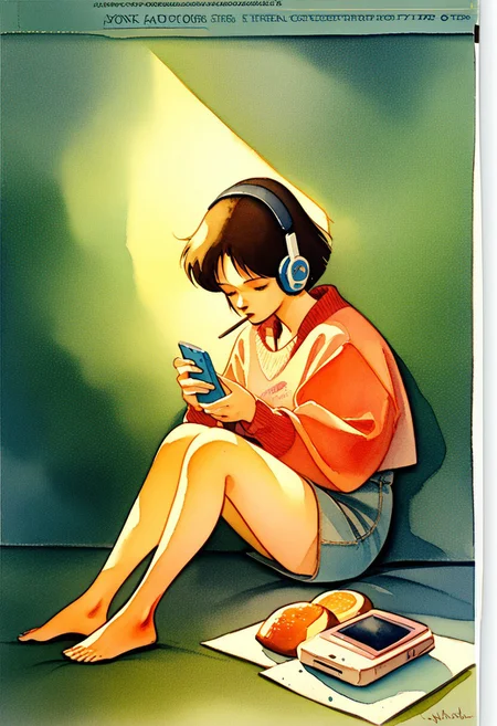 EnD_1980s_Style, 1girl, barefoot, black hair, brown hair, cellphone, closed eyes, digital media player, food, headphones, painting (medium), phone, pocky, short hair, sitting, solo, traditional media, watercolor (medium) ,cinematic angle, cinematic lighting, , score_9, score_8_up, score_7_up, score_6_up, score_5_up, score_4_up,