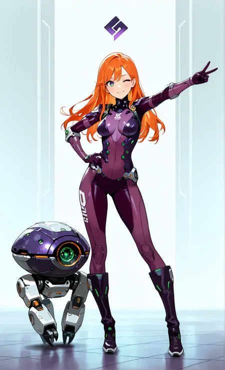 masterpiece, sharp detail, intricate detail, 1girl, green eyes, orange hair, medium breasts, dark purple bodysuit, knee boots, armor, full body, outstretched arm, v, hand on own hip, legs aside, smile, wink, <lora:Improved Anime Drones:1> non-humanoid robot, science fiction