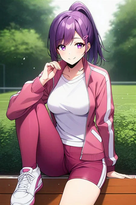 score_9, score_8_up, score_7_up, score_6_up, score_5_up, score_4_up, rating_questionable, , source_anime, digital illustration, pixiv, fanbox, uncensored, , BREAK, official art,
1girl, solo, female, sung jinah, purple eyes, purple hair, ponytail, sidelocks, medium breasts,
outfit_2, pink track jacket partially unzipped, white shirt, long sleeves, gym shorts, leggings, legwear under shorts, sneakers, hairclip,, light smile, outdoors, blush, cowboy shot, looking at viewer, <lora:Sung_Jinah-10:0.9>