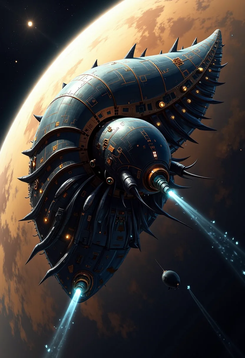 A yfg-bgy starship, resembling a massive, bio-mechanical nautilus, glides through the thin, upper atmosphere of a gas giant. Its spiraled, armored plating pulses with veins of living metal, shifting as it adjusts to atmospheric pressure changes. Small, luminescent vents along its hull expel thin streams of glowing gas, leaving behind a brief, shimmering wake. The distant sun glints off the swirling amber clouds below, casting long, stretched shadows across its curved exoskeleton.
