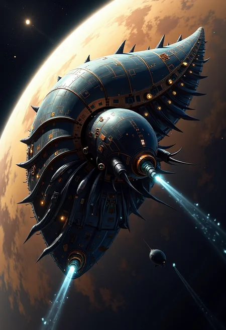 A yfg-bgy starship, resembling a massive, bio-mechanical nautilus, glides through the thin, upper atmosphere of a gas giant. Its spiraled, armored plating pulses with veins of living metal, shifting as it adjusts to atmospheric pressure changes. Small, luminescent vents along its hull expel thin streams of glowing gas, leaving behind a brief, shimmering wake. The distant sun glints off the swirling amber clouds below, casting long, stretched shadows across its curved exoskeleton.