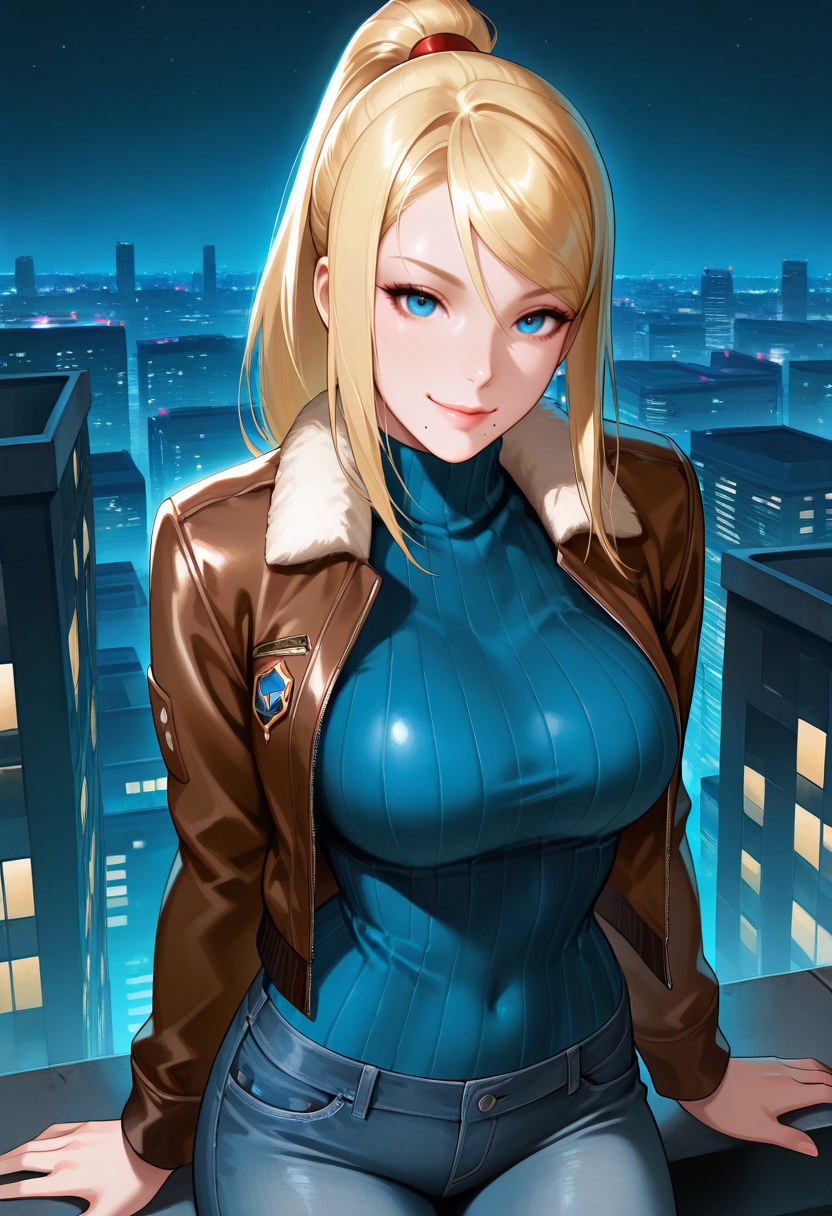masterpiece, best quality, newest, absurdres, highres ,  <lora:SSB4SamusIllustrious:1>,  SSB4ZSS, blonde hair,blue eyes, ponytail, smile, lips, mole under mouth, breasts, blue turtleneck, sweater, jeans, brown jacket, bomber jacket, fur trim, looking at viewer,  night, cityscape, rooftop, 1girl, solo,