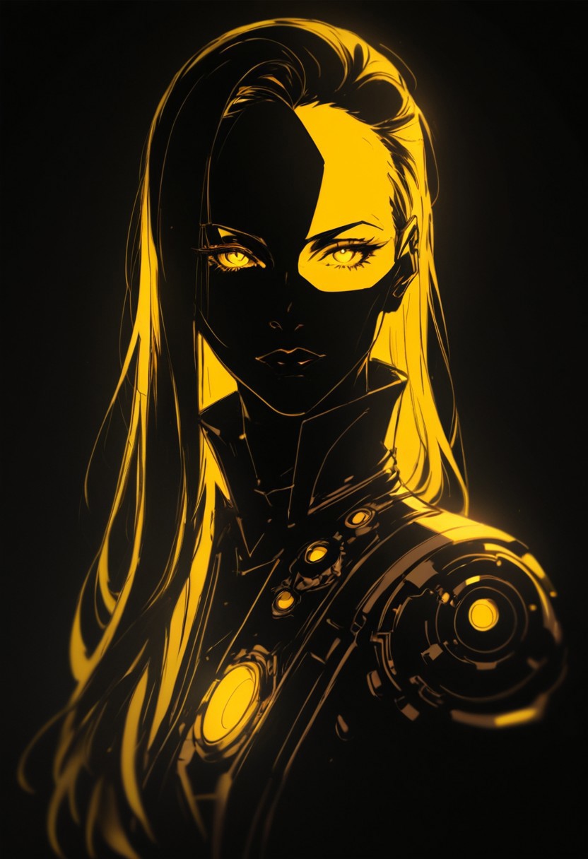 score_9, score_8_up, score_7_up, inksketch, n30nfilm, [[Silhouette Art]], Abstract ,surreal vivid,simple painted, newage (cyborg) cowboy_girl with long vibrant hair, high collar, seductive, yellow-black ,Light fountain in Outer space, made of lines, vertical lines, horizontal lines, Portrait Made of intertwining lines, weaving over and under each other throughout the frame, emphasis effect, moire effect, awash in yellow and orange shades, seamlessly extends the lines,. Flat style. steamPunk style