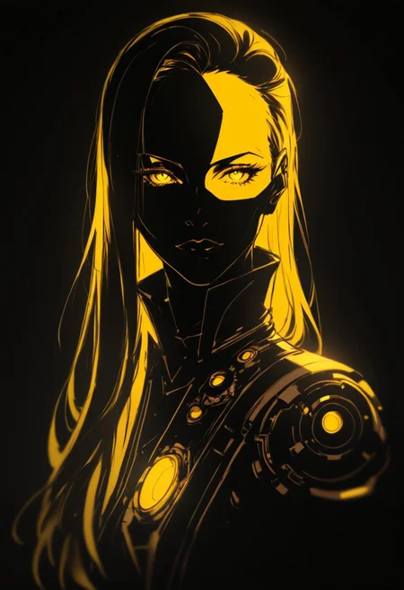 score_9, score_8_up, score_7_up, inksketch, n30nfilm, [[Silhouette Art]], Abstract ,surreal vivid,simple painted, newage (cyborg) cowboy_girl with long vibrant hair, high collar, seductive, yellow-black ,Light fountain in Outer space, made of lines, vertical lines, horizontal lines, Portrait Made of intertwining lines, weaving over and under each other throughout the frame, emphasis effect, moire effect, awash in yellow and orange shades, seamlessly extends the lines,. Flat style. steamPunk style