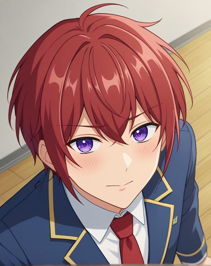 score_9, score_8_up, source_anime, anime screencap, original style, depth of field, BREAK, rating_safe, from above, 1boy, solo, male focus, <lora:suou_tsukasa_pony:1> suou_tsukasa_pony, red hair, purple eyes, bangs, looking at viewer, facing viewer, embarrassed, wariza, yumenosaki school uniform, blue jacket, red necktie, white shirt, collared shirt, black pants, plaid pants, <lora:sdxl_lightning_8step_lora:1>  <lora:xl_more_art-full_v1:0.5>