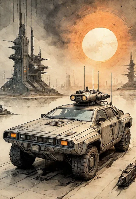 old book style ink illustration, on parchment, ink splashes, ink stains, ink smears, faded ink,  (female enforcer:1.2), (futuristic:1.5) a huge military factory made of steel, glass, fog, sun, in the clouds, , futuristic military vehicles, fractals, sunrise, gloomy tones, mentixis, linquivera