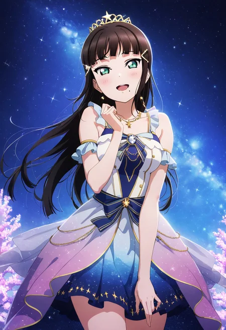 masterpiece, best quality, solo, 1girl, happy, aged up,
dia_kurosawa, kurosawa_dia, long hair, bangs, black hair, hair ornament, green eyes, sidelocks, hairclip, blunt bangs, mole, mole under mouth, medium breasts, skirt, sleeveless idol dress, starlight-themed gown, shimmering fabric, celestial motifs, tiara, moonlit stage, cosmic background, constellations glowing, stardust falling, tranquil and mystical performance