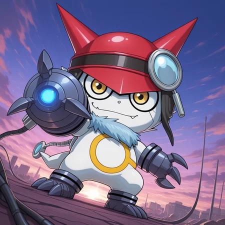 masterpiece, best quality, amazing quality, colorful,<lora:gatchmon-v1-000012:1> d-gatchmon, 1other, chibi, digimon \(creature\), gatchmon, aiming at viewer, smirk, glowing, cable, wire on back , ((3digits)), dutch angle, outdoors, digital, dynamic pose, from below,