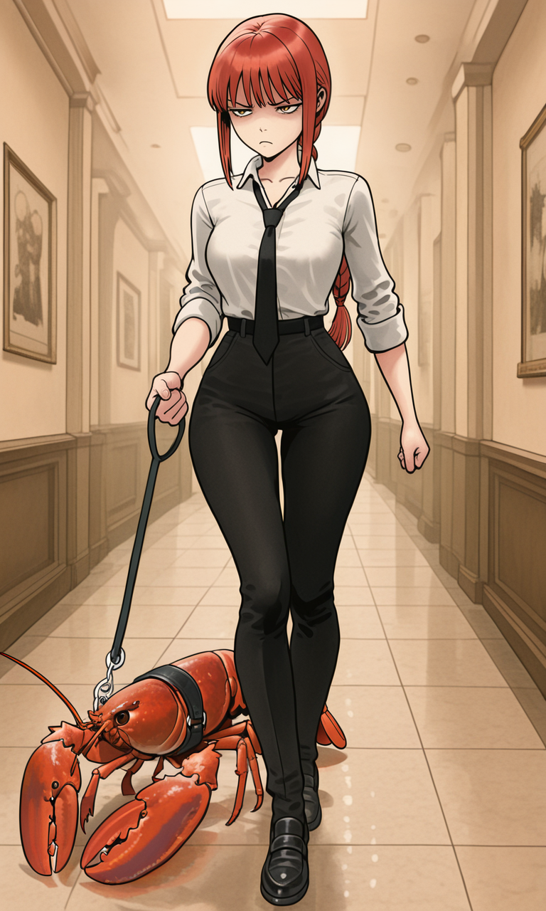 embedding:IllusP0s, f3rn4nd0, pet lobster, holding leash, full body, makima, annoyed, white shirt, black tie, 1girl,<lora:Style_soph-Fernando-ILXL.safetensors:1.0:1.0> <lora:pet lobster, holding leash, full body_illustrious.safetensors:1:1>