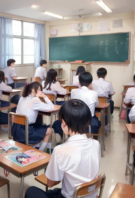 score_9, score_8_up, score_7_up, rating_safe, masterpiece, best quality, absurdres, unity 8k wallpaper, official art, official style, source_anime, uncensored, game cg, megami magazine,
kyoshitsu, 6+boys, classroom, indoors, multiple boys, school desk, school uniform, school, sitting, chalkboard, window, black hair, multiple girls, curtains, ceiling light, shirt, short hair, school chair, white shirt, realistic, photo background, photo (medium), photorealistic, from behind
<lora:gakkou_kyoshitsu_PONY_V1:1>