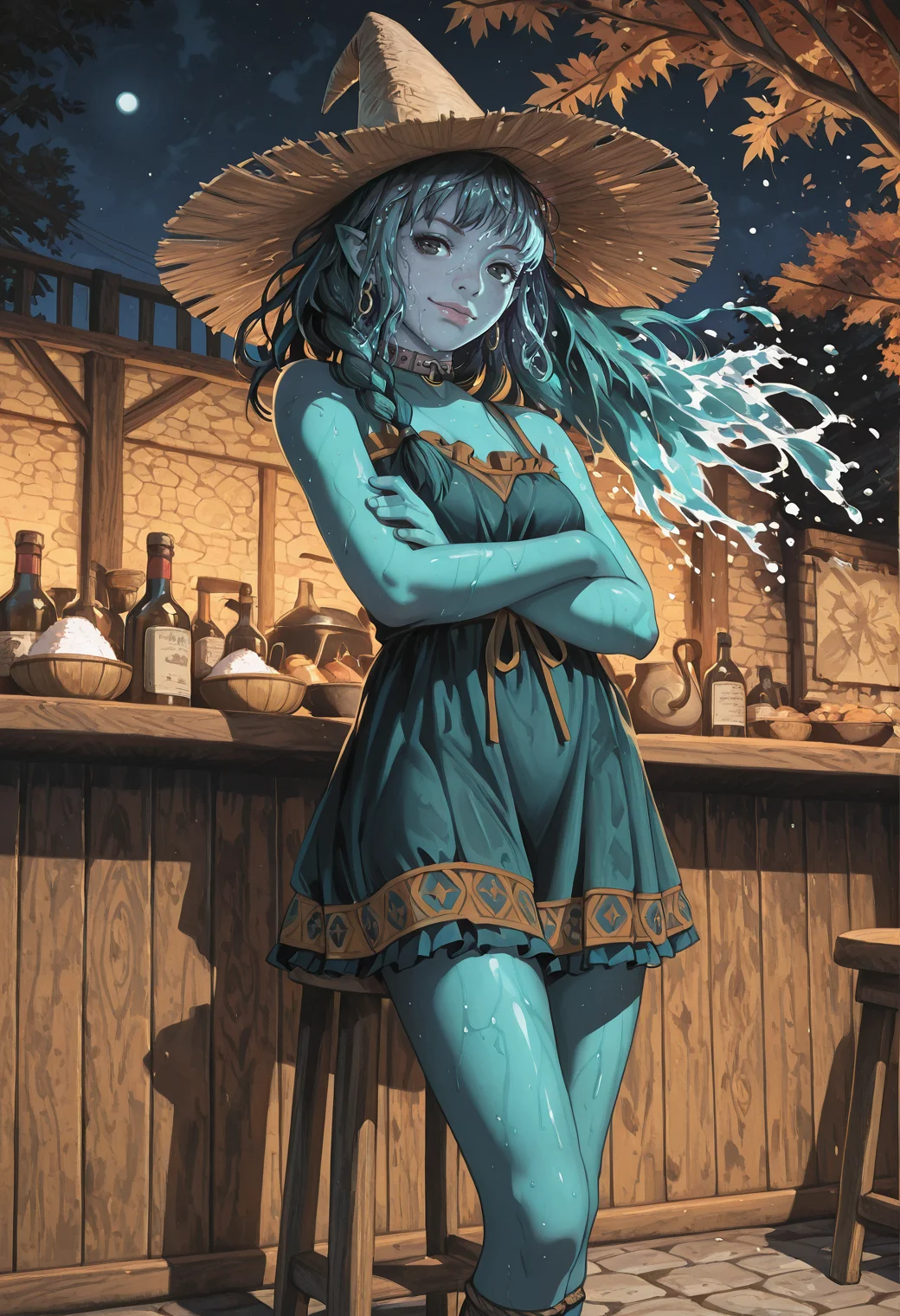 realistic, very awa, ambient occlusion, ray tracing, [sei shoujo], [yoshiten], [takeuchi_takashi], [libbyframe], style parody, [bang_dream!], [arcane:_league_of_legends], [league_of_legends], saturated, colorful, (dynamic angle:1.3), (cowboy shot:1.2) BREAK 1girl, solo, <lora:watergenasi:0.7> watergenasi, pointed ears, floating hair, (liquid hair), wet clothes, wet body, big black eyes, deep azure hair, long braid hair, (dark aqua skin:1.2), athletic body, long legs, small breasts, perfect hands, moist lips, (inspired), smirk slightly BREAK witch, wearing cute (detailed deep green wool lacetrimmed dress), collar chain, sandals, rice hat, <lora:Witchy_Cottagecore_Illu_Edition:0.6> W1tchyC0ttagec0re BREAK medieval, fantasy, outdoors, fantasy tavern, wood walls, cobblestone streets, rural details, alcohol, sitting, legs together , crossed arms, on bar stool, autumn, night, cool light, heavy shadows, 2 moons,, volumetric lighting BREAK <lora:reij-detaILer:0.9> <lora:light-000167:0.6> <lora:grunge_anime_aesthetic_illustriousXL-000027:0.5> grunge_anime_aesthetic