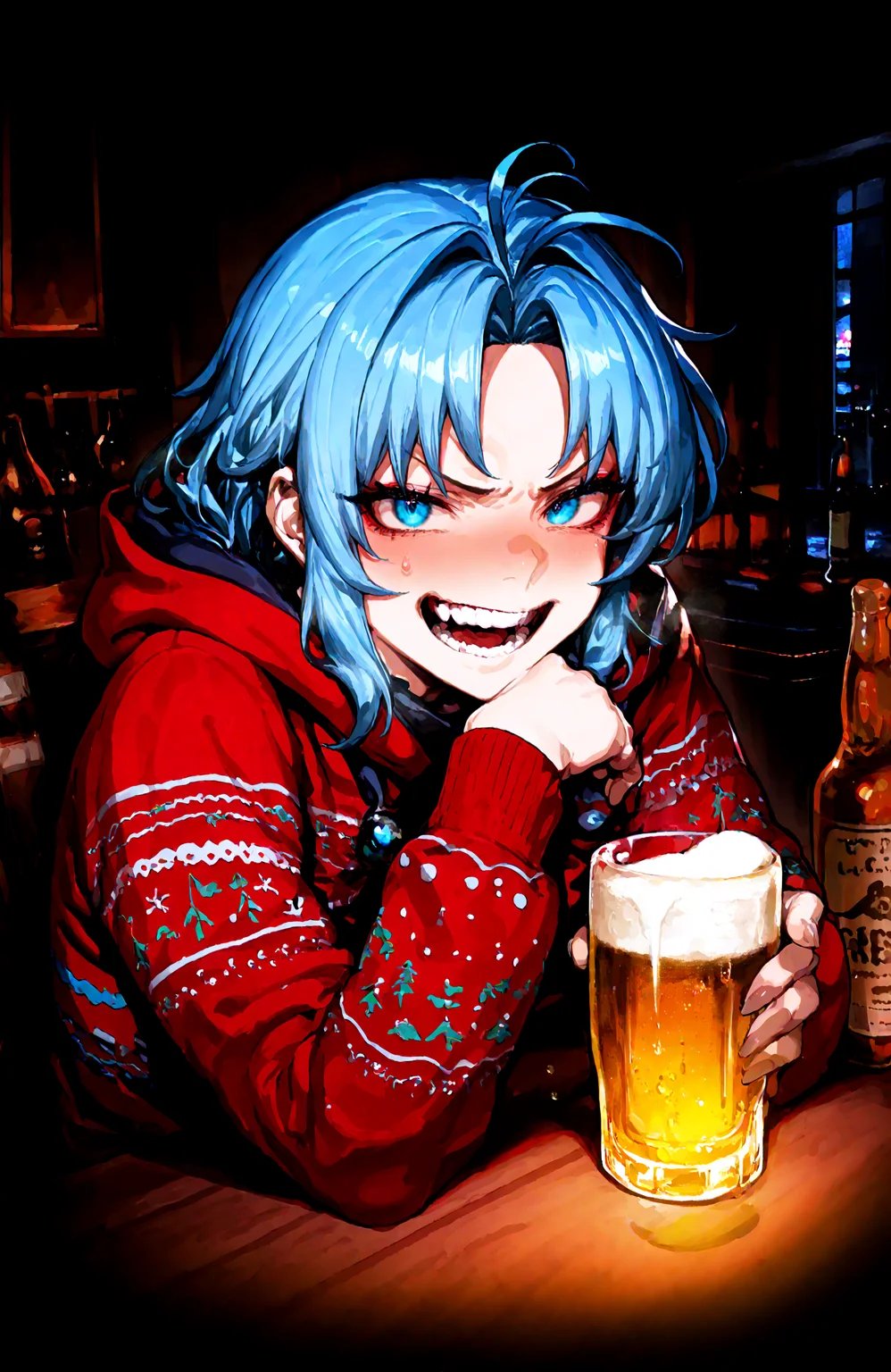 1 girl, kumoi_ichirin , blue_eyes ,blue_hair, hood, long_sleeves, looking_at_viewer ,medium_hair ,parted_bangs ,sidelocks , solo, v-shaped_eyebrows , white_footwear, alcohol , beer , bottle, cup, drink, drinking_glass , holding ,holding_cup , laughing,solo,
christmas_sweater, dark, night, indoors,
,Fishine, munakata_(sekimizu_kazuki),dekosukentr,kizuki_aruchu ï¼ireadingï¼kubo_tite_(style) ,
ï¼masterpiece, best quality, newest, absurdres, highres,
<lora:illustrious_noobai_epsilon_pred_1_best_quality_v1:0.4> ,<lora:illustrious_noobai_epsilon_pred_1_masterpieces_v1:0.4>, <lora:illustrious_noobai_epsilon_pred_11_very_aesthetic_v1:0.4>, <lora:ponyv5_noobV065S_1_adamW:0.6>, <lora:add-detail-xl:0.4>, <lora:GEN(illust) 0.2v:0.6>, <lora:USNR STYLE_XL_loha:0.6>, <lora:cfg_scale_boost:0.4>, <lora:christmas_sweater:0.8>