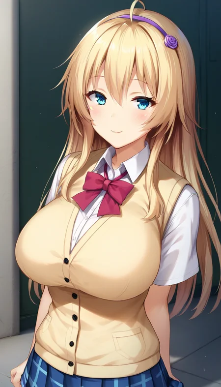 score_9,score_8_up,score_7_up,score_6_up BREAK official art,solo,outdoors,upper body,(portrait:1.5),looking at viewer,facing viewer,smile,blush,Kyouno Hana,ahoge,long hair,blonde hair,purple hairband,hair ornament,sidelocks,hair between eyes,bangs,blue eyes,school uniform,yellow vest,cardigan vest,sweater vest,red bowtie,white shirt,collared shirt,large breasts,skindentation,short sleeves,miniskirt,blue skirt,pleated skirt,plaid skirt,zettai ryouiki,black thighhighs,loafers,black footwear,<lora:Kyouno Hana(tkis)-Pony:1.4>,